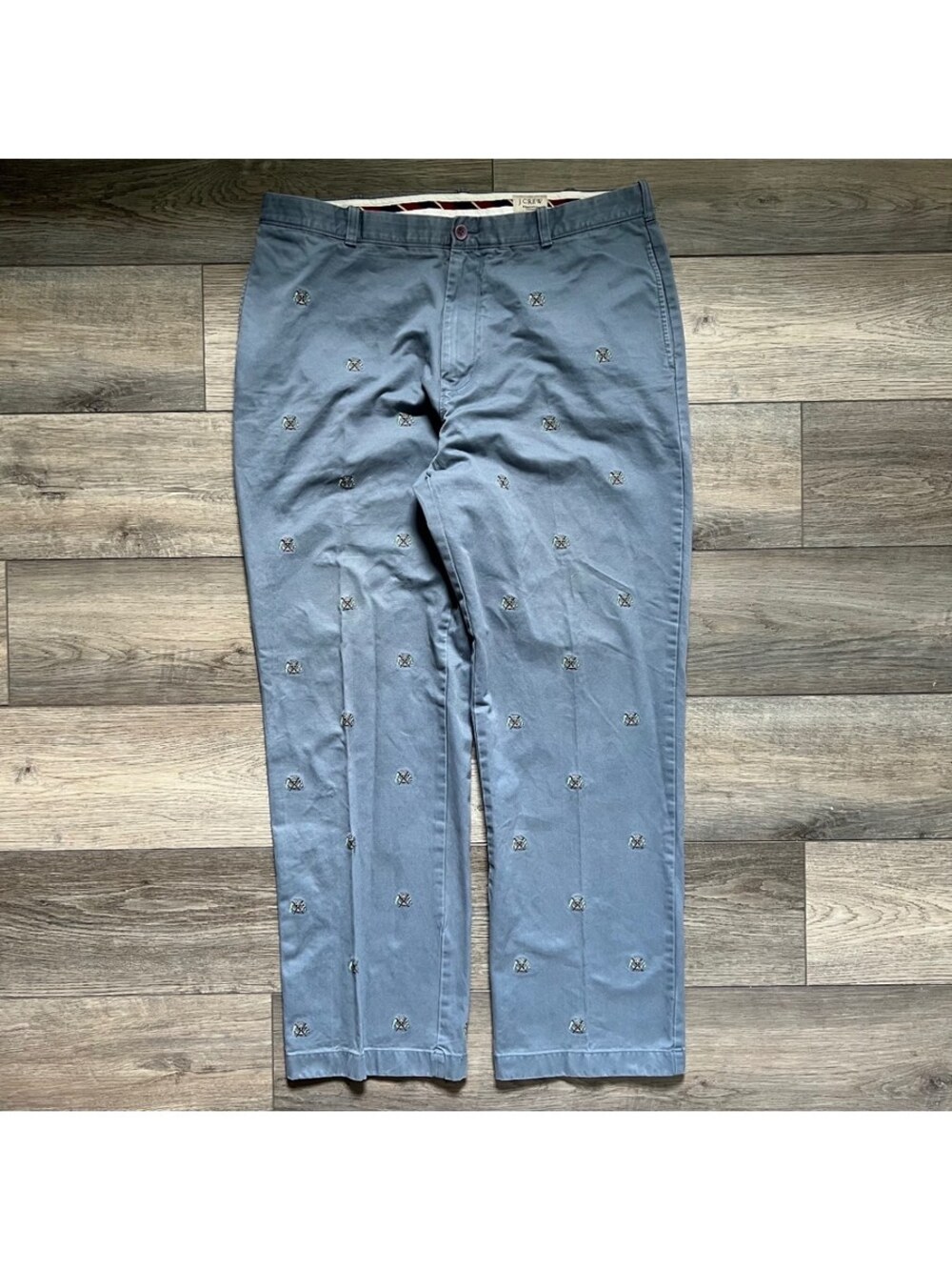 J.CREW Men's 38x34 Essential Chino Pants Blue Anchor Embroidered Cotton Trousers